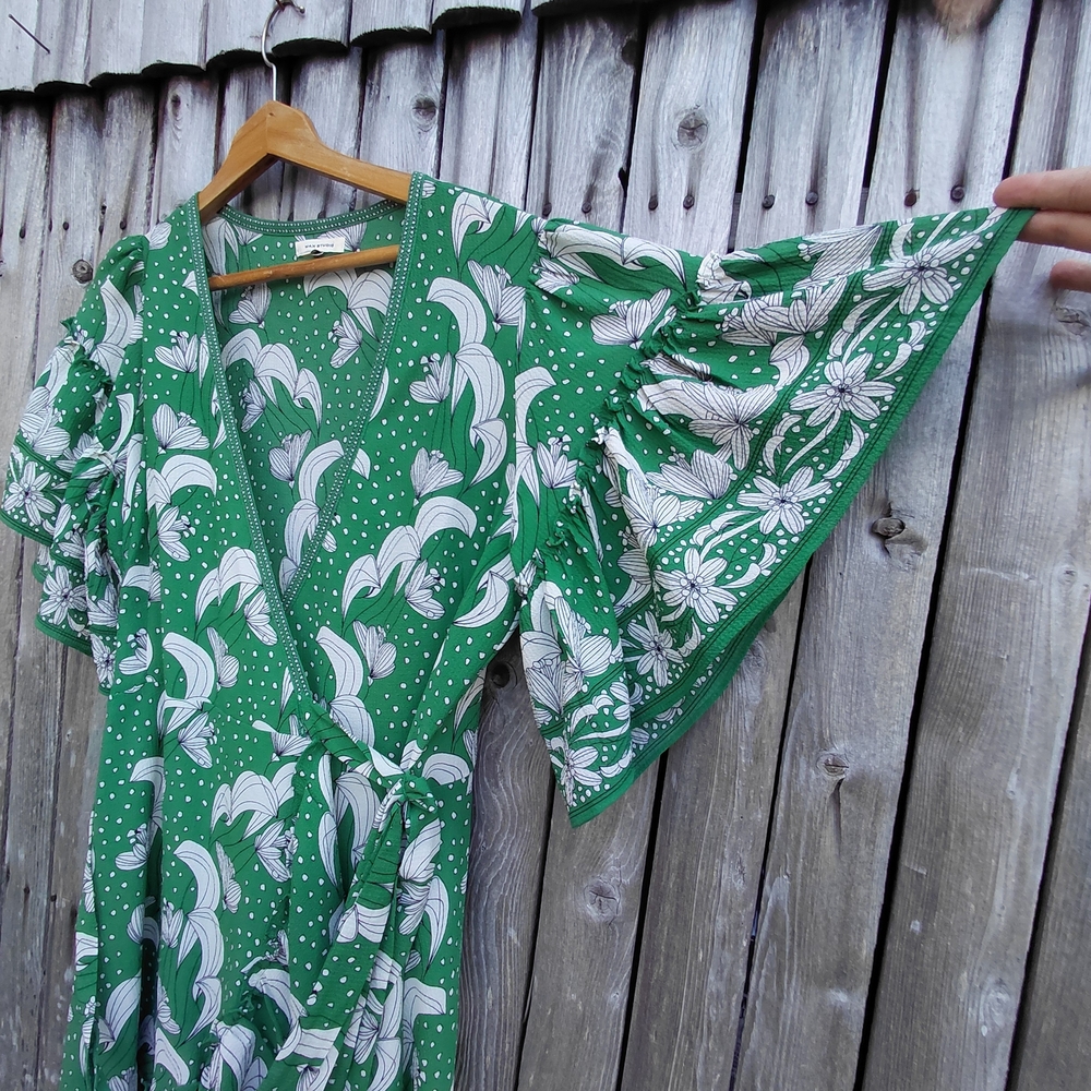 Max Studio green black white floral flutter sleeve boho romantic dress Womens L - Picture 7 of 17